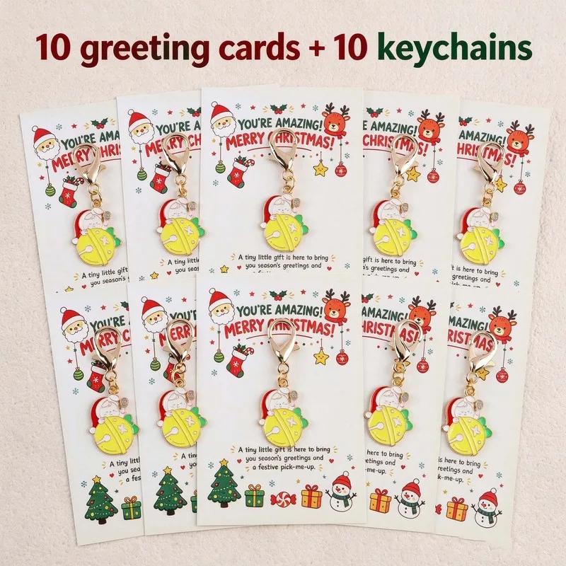 2D 20item（10keychain+10Greeting card）You're Amazing Round Santa Claus Keychain Set Includes an encouraging greeting card Christm
