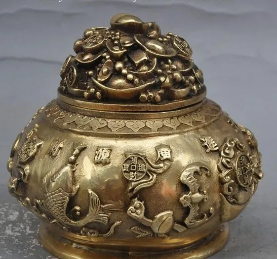 mark chinese brass 5 wealth god peach fish bat ruyi money incense burner Censer