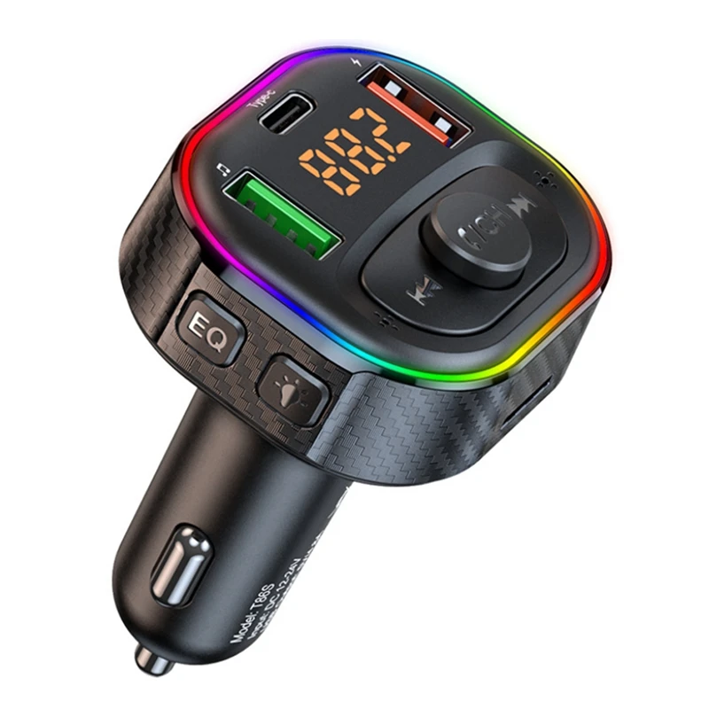 

T86S Car Bluetooth FM Transmitter PD Type-C QC3.0 4.8A Dual USB Charger MP3 Player Colorful Light Adapter Handsfree