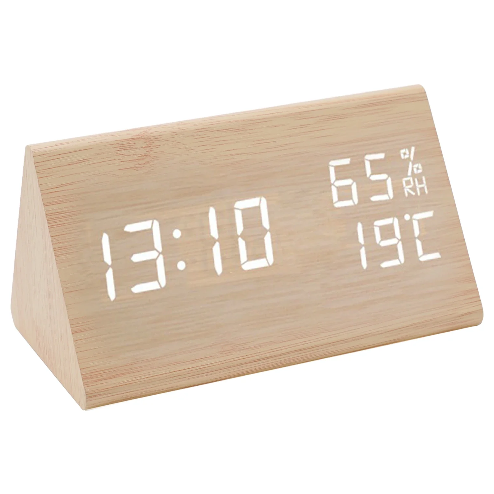 Digital Clock LED Temperature Display 12 24 Hour Format Beige Wooden Design Compact Size Indoor Temperature Sensor