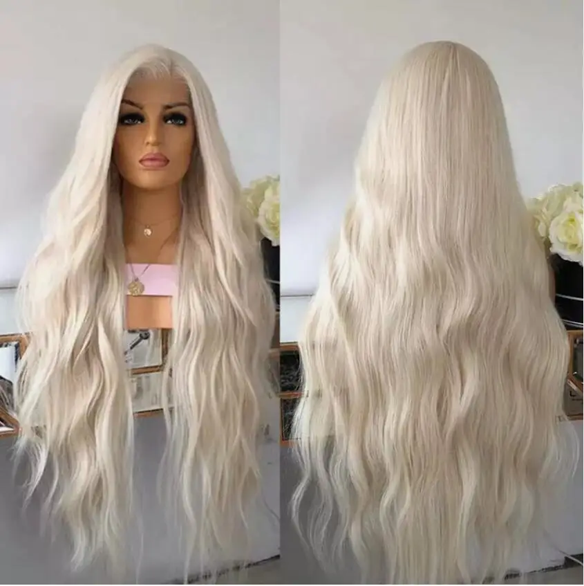 

Platinum blond Lace front wig Natural wavy Synthetic hair Heat resistant Long