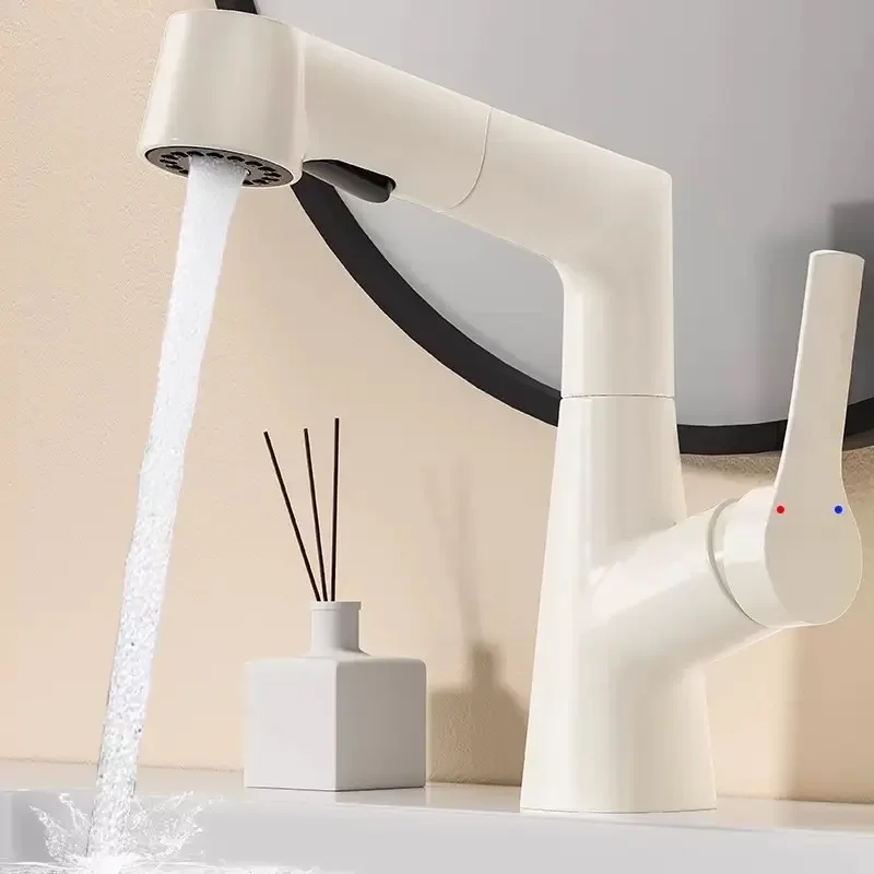 Cream wind lift pull-out basin faucet hot and cold toilet wash basin bathroom cabinet all copper faucet household