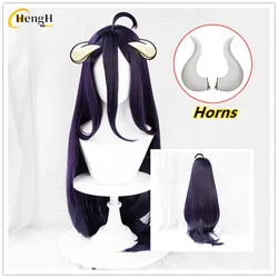 In magazzino Anime Albedo parrucca sintetica lunga 100cm parrucca Cosplay viola scuro e corna parrucche donna resistente al calore per capelli + cappuccio parrucca