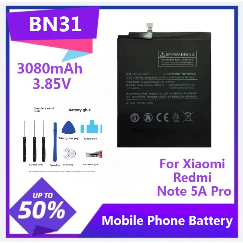 

1pcs BN31 Battery for Xiaomi Redmi Note 5A Pro 5A Mi 5X 3080mAh 3.85V Mobile Phone Battery with Tool
