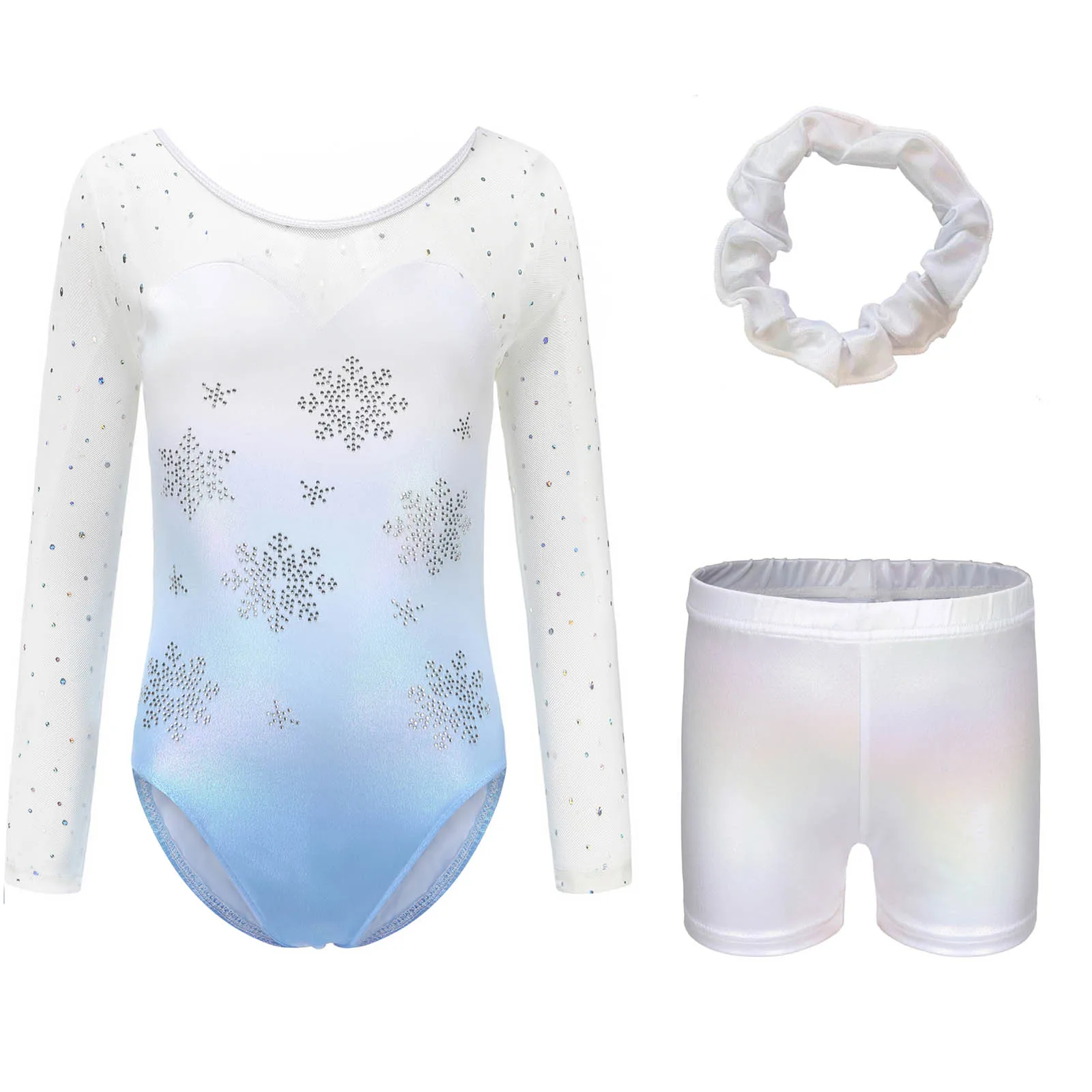 3 قطعة أطفال بنات الجمباز يوتار غنائي الباليه الرقص التدريب زي سباركلي ندفة الثلج كم طويل ارتداءها + السراويل + ربطة الشعر #3