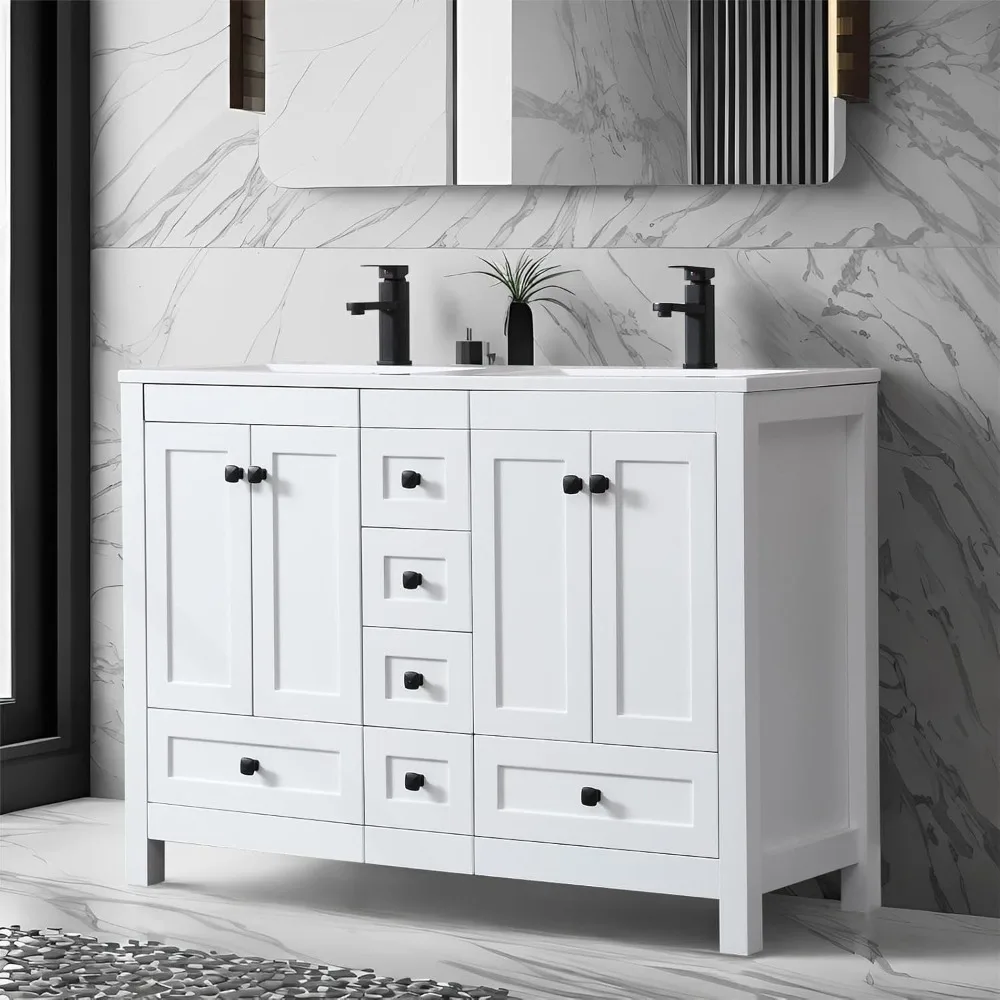 

48" Bathroom Vanities Cabinet with Sink Combo Set, Undermount Double Resin w/Thickened Wood, Matte Black Faucet, Painted Surface