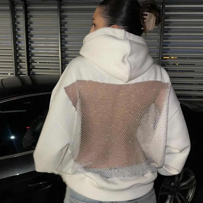 سترة نسائية مثيرة بشبكة مكشوفة الظهر بتصميم مفرغ بلوفرات قوطية بقلنسوة Harajuku بأكمام طويلة سترة Y2k بغطاء للرأس من الجرونج