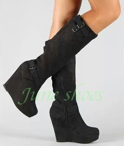 

Женские сапоги в стиле ретро на платформе с пряжкой и молнией, замшевые, до колена, винтажные, в стиле Y2K, размеры 34-46