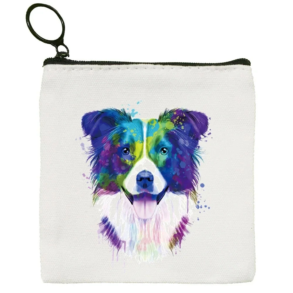 Border Collie Dog Cartoon Divertente Kawaii Portamonete in tela Portamonete Collezione Borsa in tela Portafoglio piccolo Portachiavi con cerniera