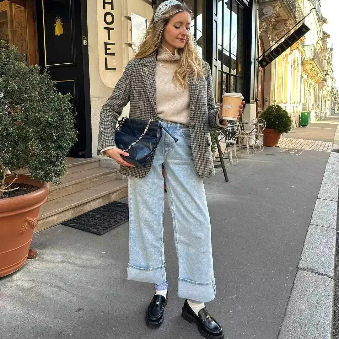 Sli Design Karierter Anzug Jaet Vielseitige, lässige, lockere Passform Damen-Oberbekleidung aus Polyestergewebe mit Vogelaugenmuster