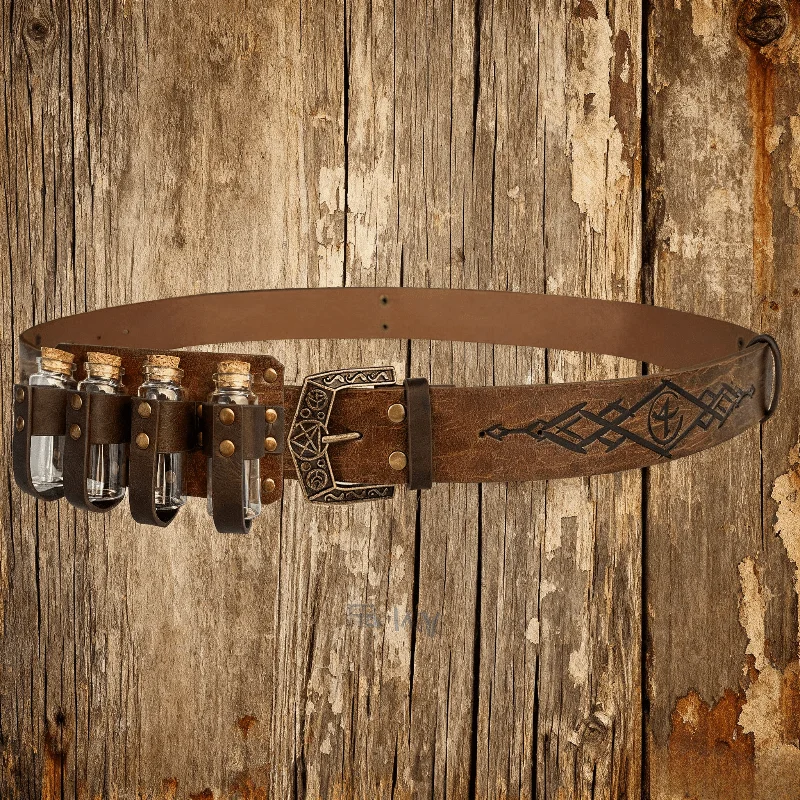 Distressed Leather Viking Potion Belt 4 Bottles Medieval Cosplay Prop Nordic Style