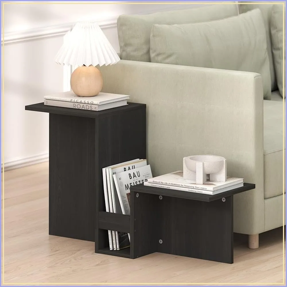 Valley-Shaped End Table Espresso Engineered Wood Tiered Shelves Magazine Rack 11.7x32.3x19.6 in