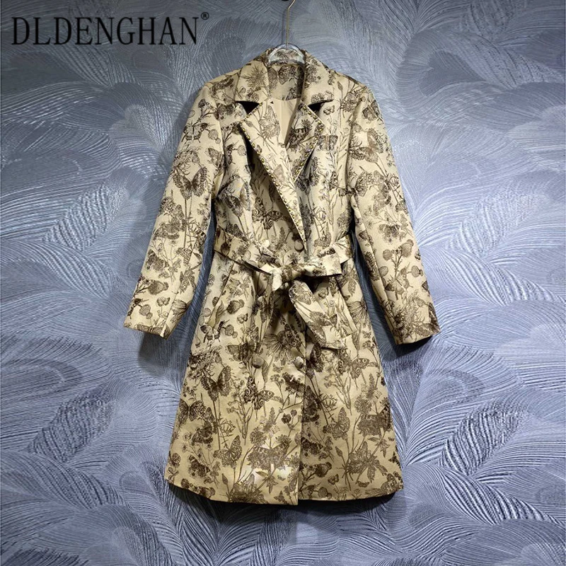 DLDENGHAN Women's Diamonds Turn-down Collar Long Sleeves Lace-up Butterfly Print Office Lady Double Breasted Outerwear