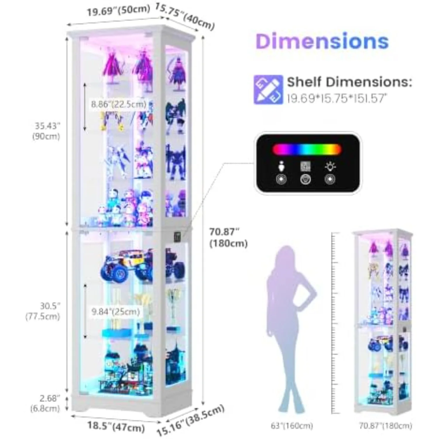 Display Cabinet with Glass Doors, 7 Tier RGB Lights Curio Cabinet | APP-Controlled LED Glass Display Case,Human Sensor