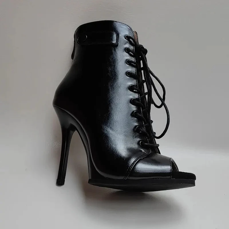 9.5cm 11cm Platform Heels Pump Dance Booties Black PU leather Real Leather Dance Heels Stable Latin Salsa Rubber Sole High Heels