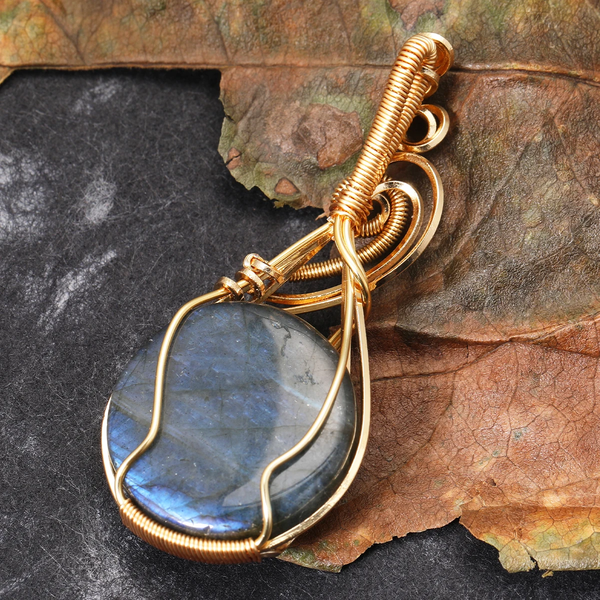 Damen Labradorit Regenbogen-Edelstein-Anhänger Kupferdraht-Umwickelter Labradorit-Schmuck Labradorit-Halskette mit Kette und Box – Detail 28