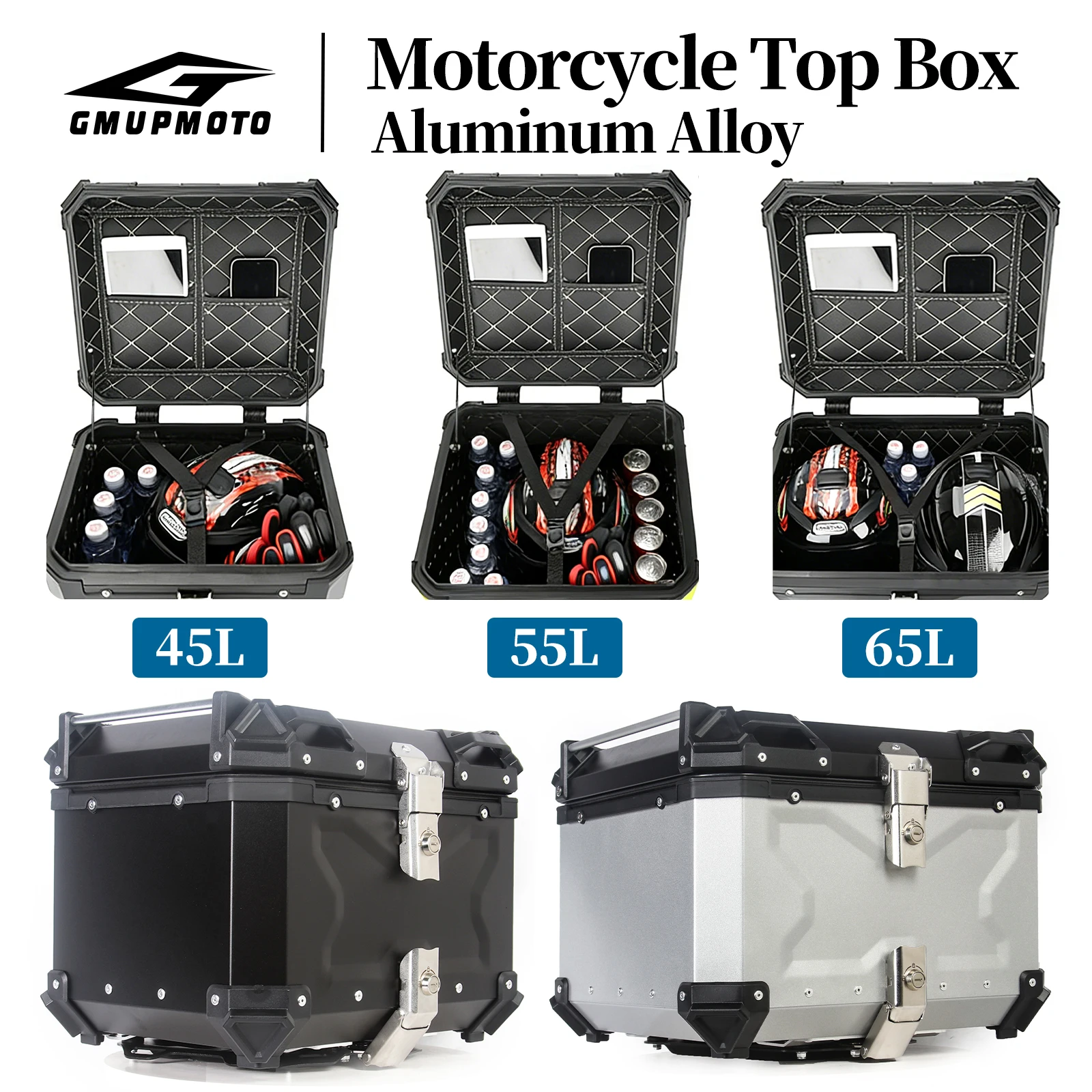 Top Case Moto en Aluminium 45L 55L 65L, Boîte à Casque Étanche à Dégagement Rapide, Coffre Arrière pour Moto, Rangement de Bagages Arrière, Dossier de Selle