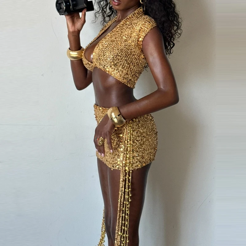

2026 Элегантный укороченный топ с v-образным вырезом и юбкой, женская мода, вечерний комплект с блестками, повседневная мини-юбка с короткими рукавами и кисточками, костюмы из 2 предметов