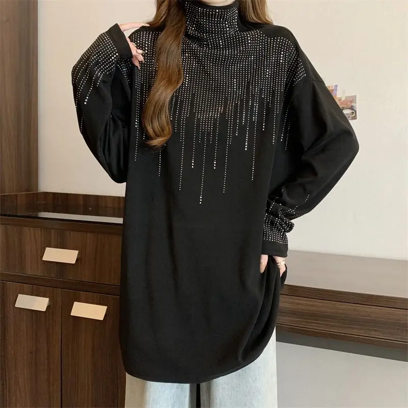 Women\'s Clothing Autumn Winter Korean Fashion Rhinestone Thick Warm Basic T-shirts High Collar Black Oversized Long Sleeve Tops
