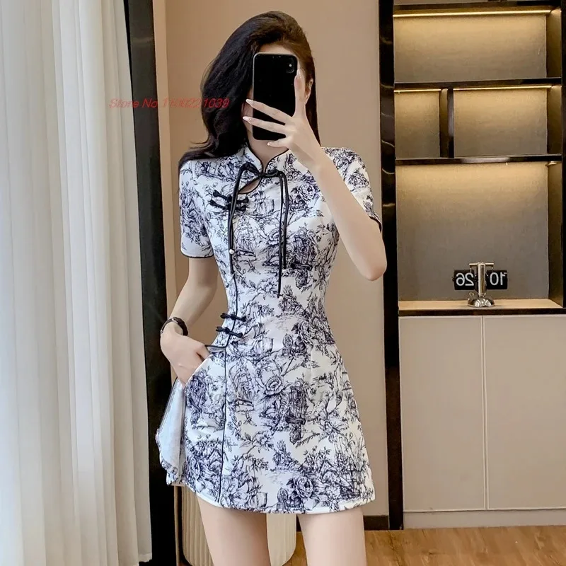 

2025 chinese nightclub masseur dress cheongsam national flower print qipao dress+shorts set hotel spa work dress beauty uniform