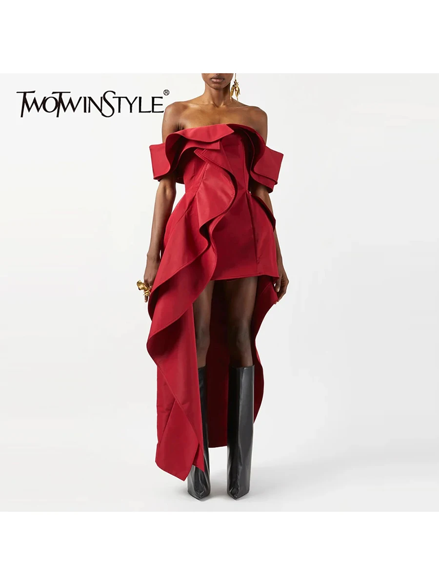 TWOTWINSTYLE красные утягивающие длинные платья с оборками и складками, нерегулярные длинные платья для женщин, элегантное женское платье с вырезом на шее и короткими рукавами