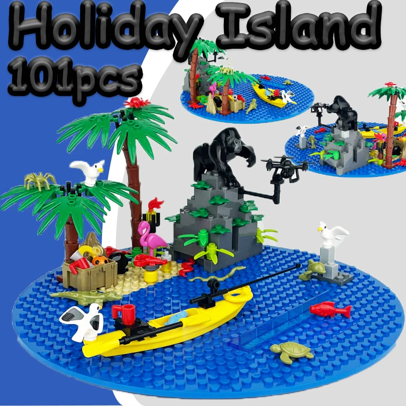 MOC City Street View Liberia Resort Island Scene Building Blocks Zoo Animal Forest Orangutan Seagull Boat  Bricks Christmas Gift