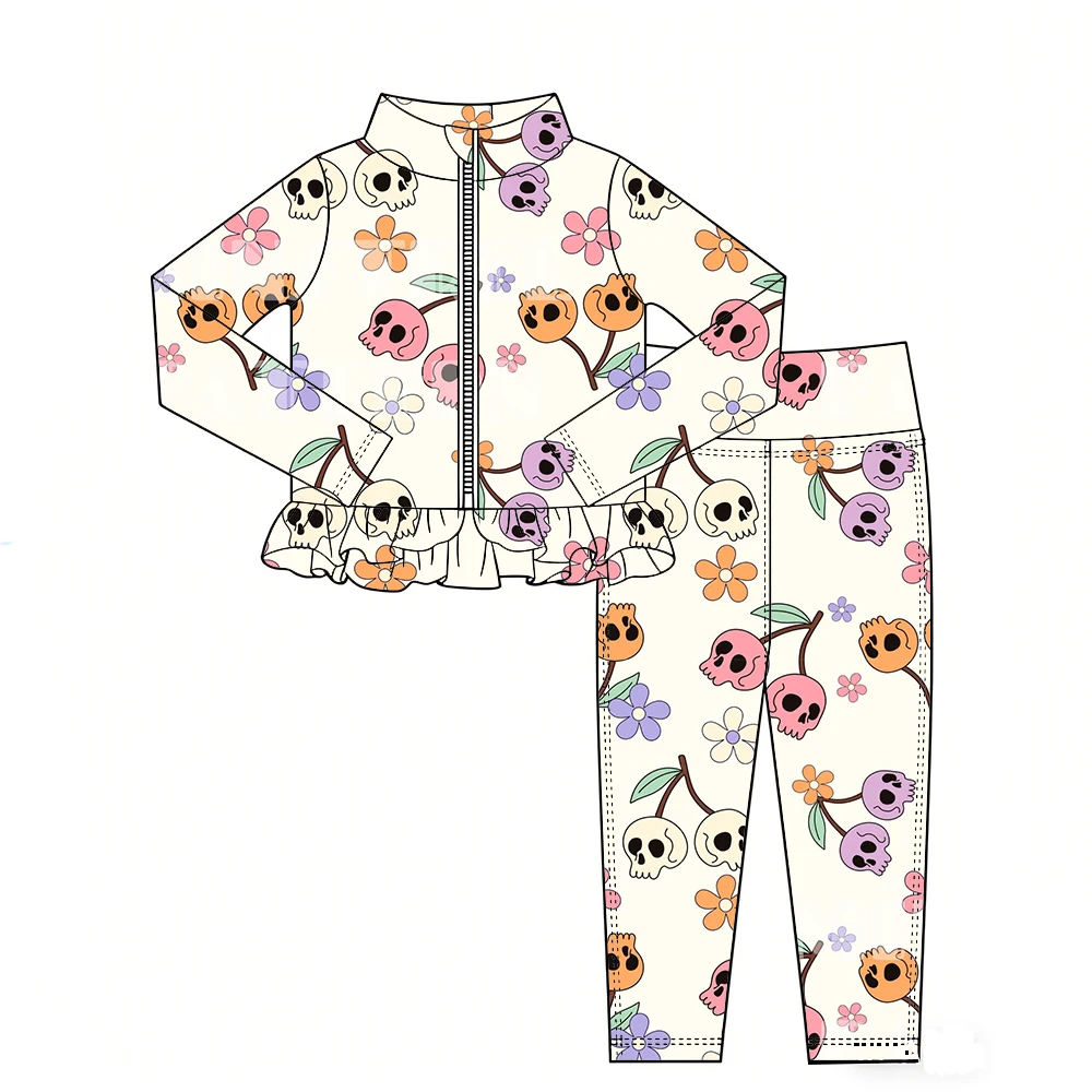 Hot Selling Halloween Collection Girls' Ruffled Hem Long-Sleeved Zipper Top and Leggings Boutique Set