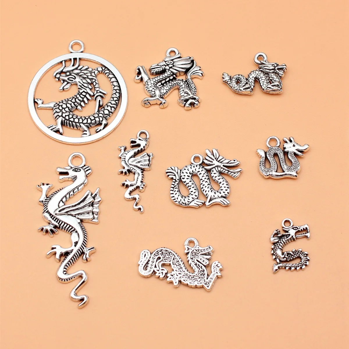 9pcs Antique Silver Color Flying Dragon Charms Collection For DIY Jewelry Making, 9 Styles, 1 of Each