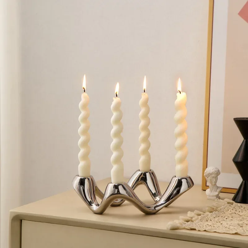 Silver Ceramic Candlesticker Decoration Wave Shaped Candle Holder Abstract Sculpture Ornament Nordic Ins Home Decoration