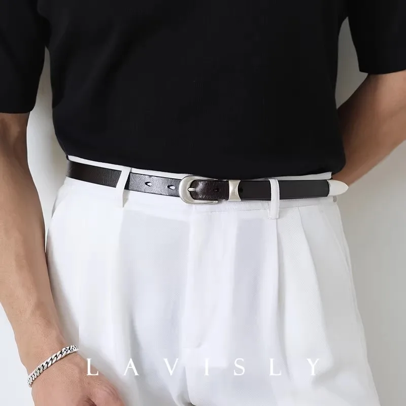 

Мужской кожаный ремень 2,3 см с узким верхним слоем кожи, винтажный черный ремень из натуральной кожи с металлической пряжкой, повседневный джентльменский стиль