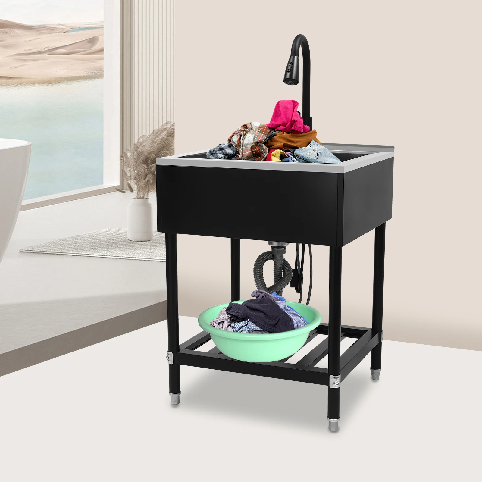 حوض غسيل تجاري حديث مستطيل واحد، حوض غسيل من الفولاذ المقاوم للصدأ مع صنبور وحامل، سعة 6 مم، سعة 100 كجم #5