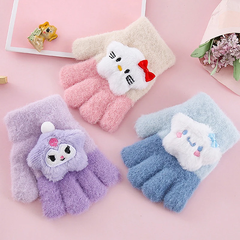 Kawaii Sanrio Gloves Kuromi My Melody Hello Kitty Cold-Proof Winter Finger Gloves Plush Screen Touch Warm Children Toddler Gifts