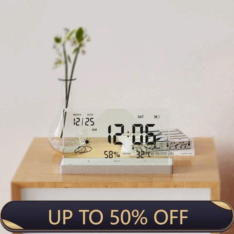 Smart Alarm Clock Digital LCD Alarm Clocks Transparent Multi Functional Calendar Clock Silent Bedside Table Wake Up Timepiece