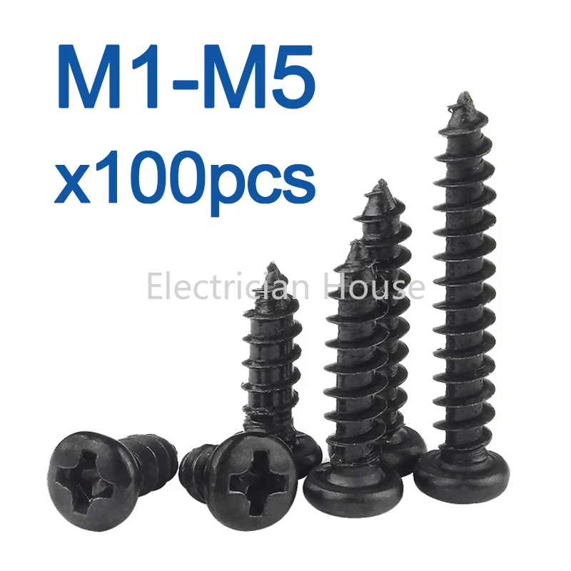 100 Pcs/Lot Cross Round Head Phillips Self-tapping Screw M1 M1.2 M1.4 M1.5 M1.7 M2 M2.3 M2.6 M3 M3.5 M4 M5 Black Carbon Steel