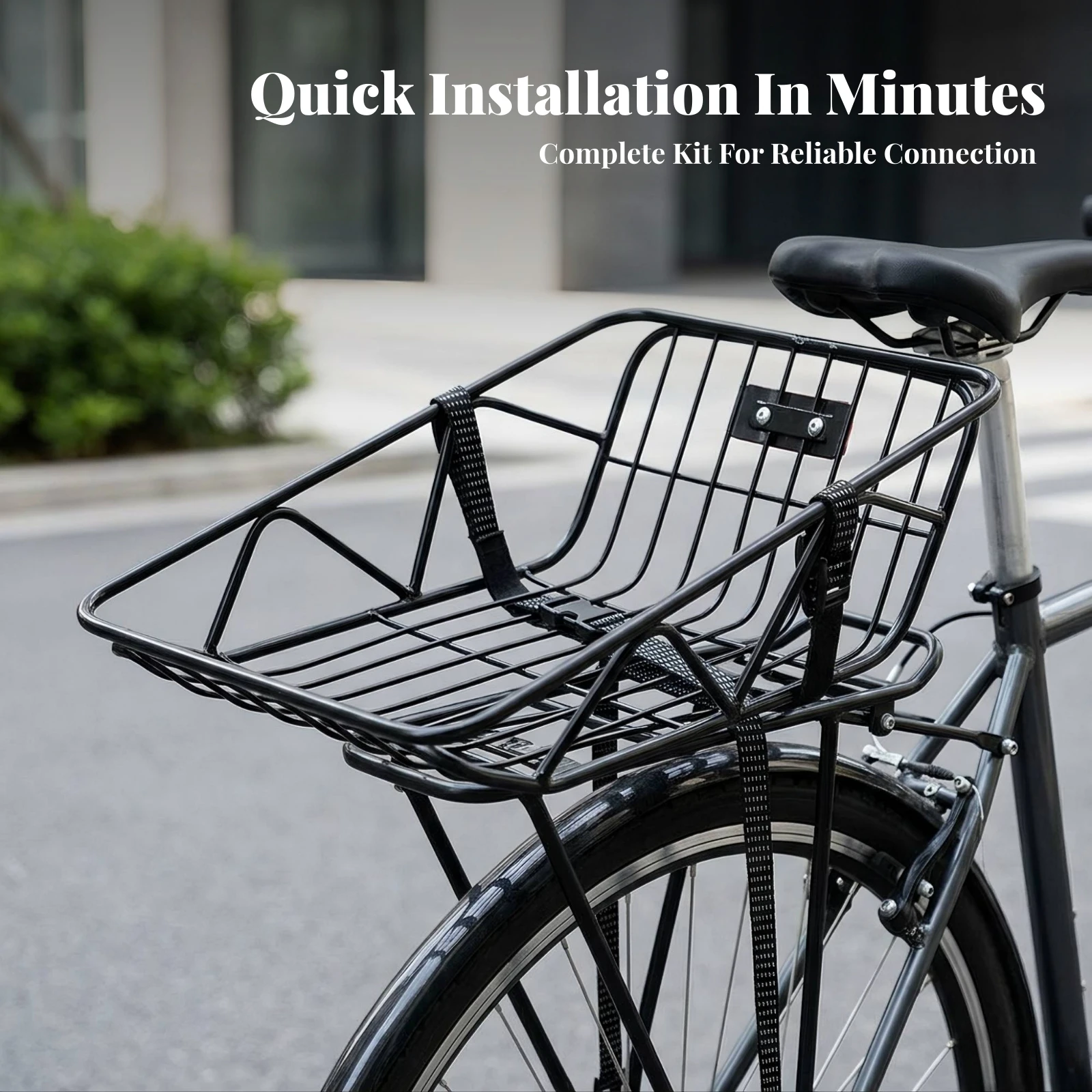Rear Bike Basket with Strap Open-Top Rear Bike Basket Sturdy Rust-Resistant for Commuters, Daily Riding, Errands