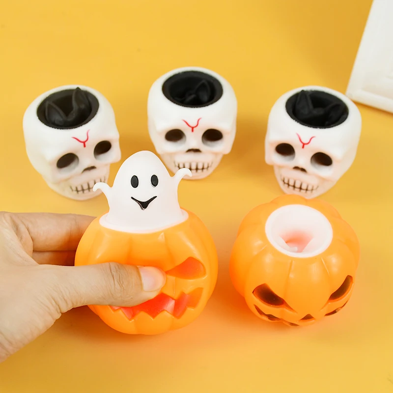 Halloween Pumpkin Ghost Skull Extrusion Toys Creative Cartoon Stress Relief Toy For Kid Birthday Party  Squeeze Bouncy Ball Gift