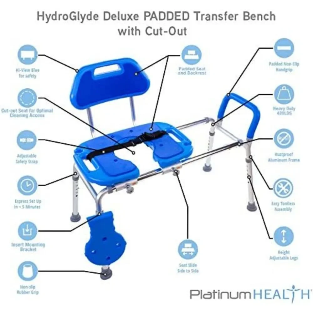 Sliding Shower Chair HydroGlyde Premium Heavy Duty Padded Bathtub Transfer Bench with Cut Out Seat