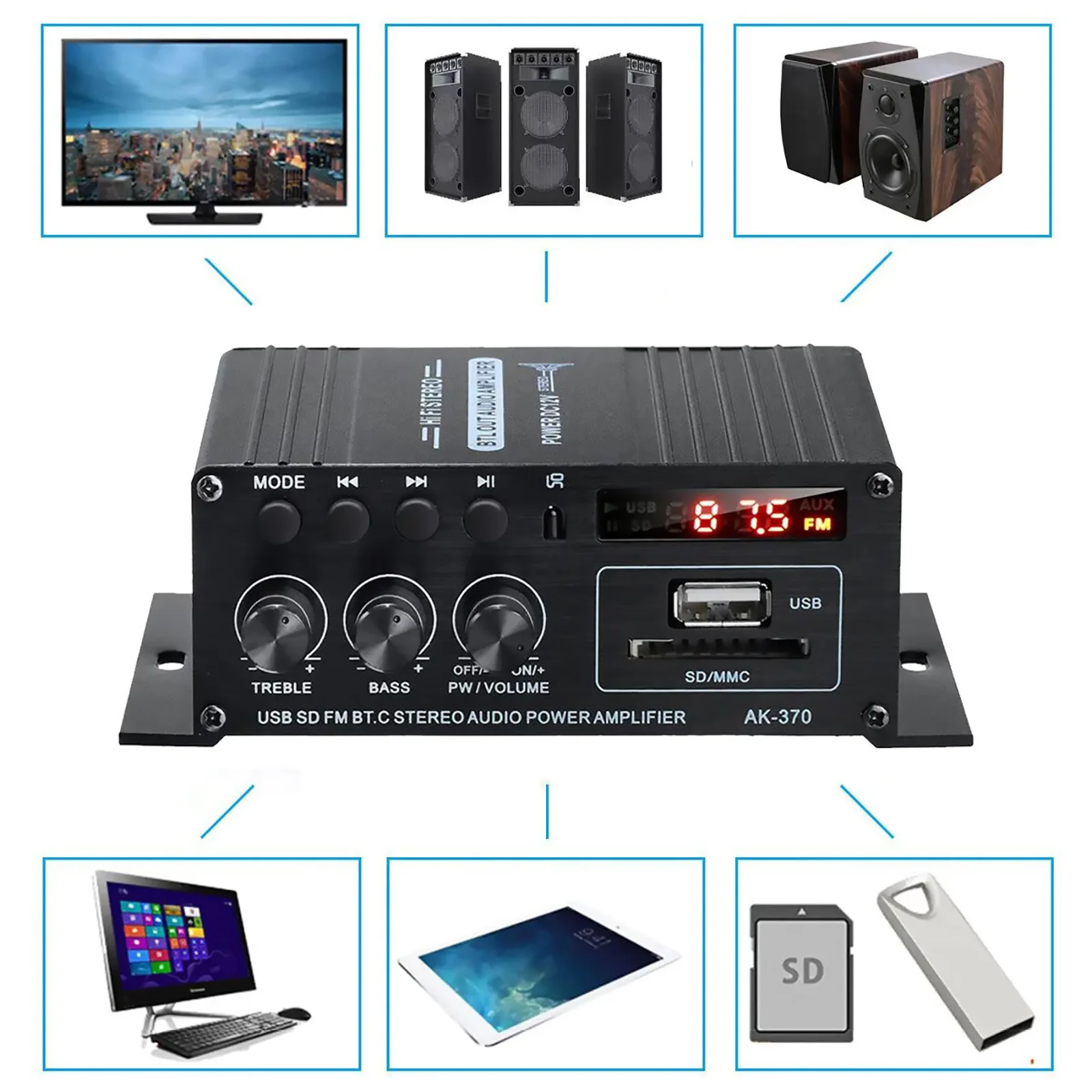 Wzmacniacz cyfrowy Bluetooth AK370 HIFI Mini Stereo Audio Amplifier USB FM 2.0-kanałowy wzmacniacz dźwięku do głośników subwooferowych do domu i samochodu