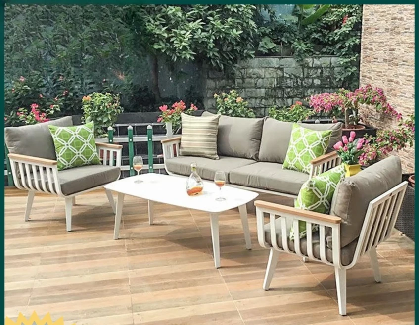 Outdoor sofa teak armrest open-air villa hotel balcony aluminum alloy sofa coffee table waterproof and sunscreen