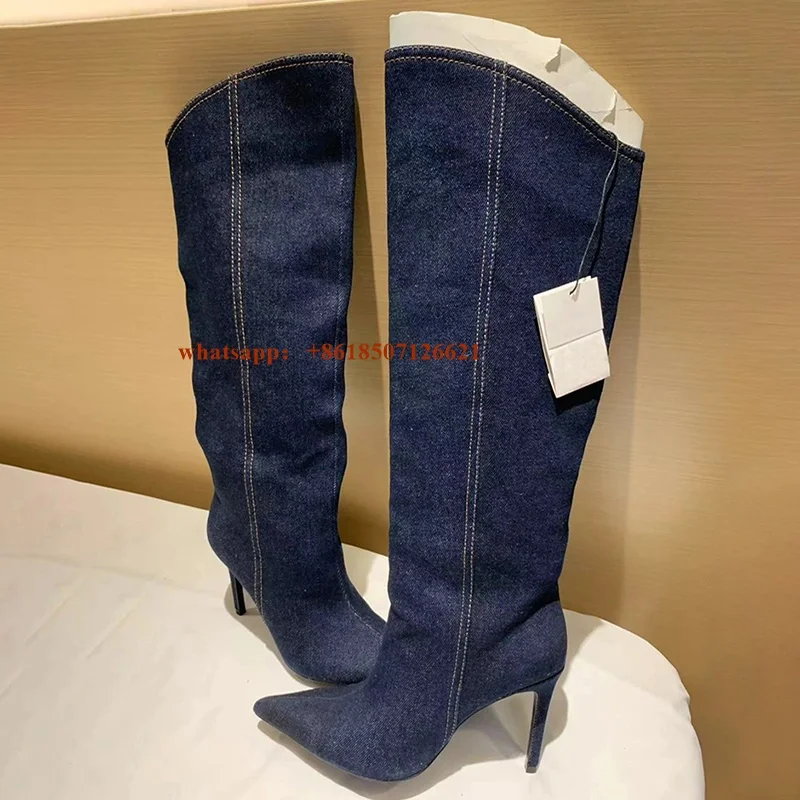 Denim Long Versatile Boots For Women New Stiletto Heel Pointed Toe Knee-Length Sexy Fashion Boots