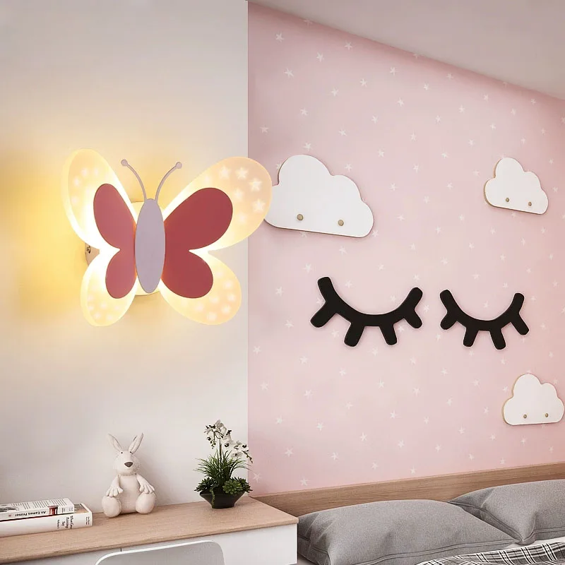 

LED personality pink butterfly wall lamp Tri colored pull the switch Modern Minimalist Acrylic Cartoon Wall light Bedroom