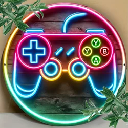 One pcs, game controller neon pattern design, flat print metal sign, circular iron hanging picture, non-appliances