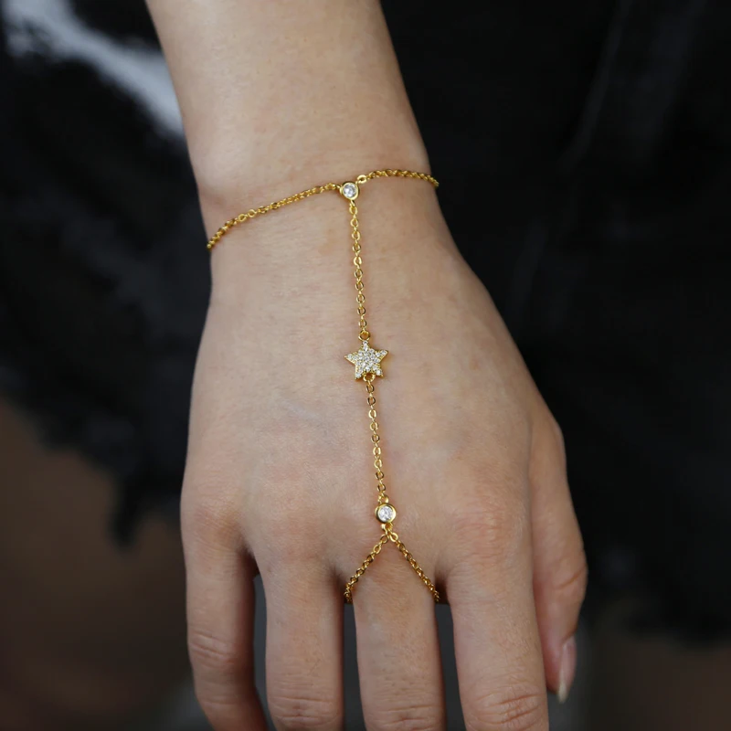 New Elegant Five-pointed Star Pendant Link Chain Ring Bracelets for Women Paved Cubic Zircon Gold Platinum Color Fashion Jewelry