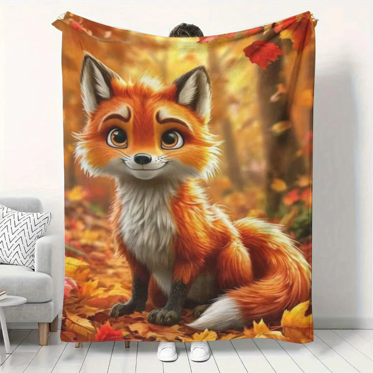 Soft Flannel Blanket Sweet Cartoon Wildlife Art Charming Red Fox Sitting Among Colorful Autumn Maple Leaves In Golden