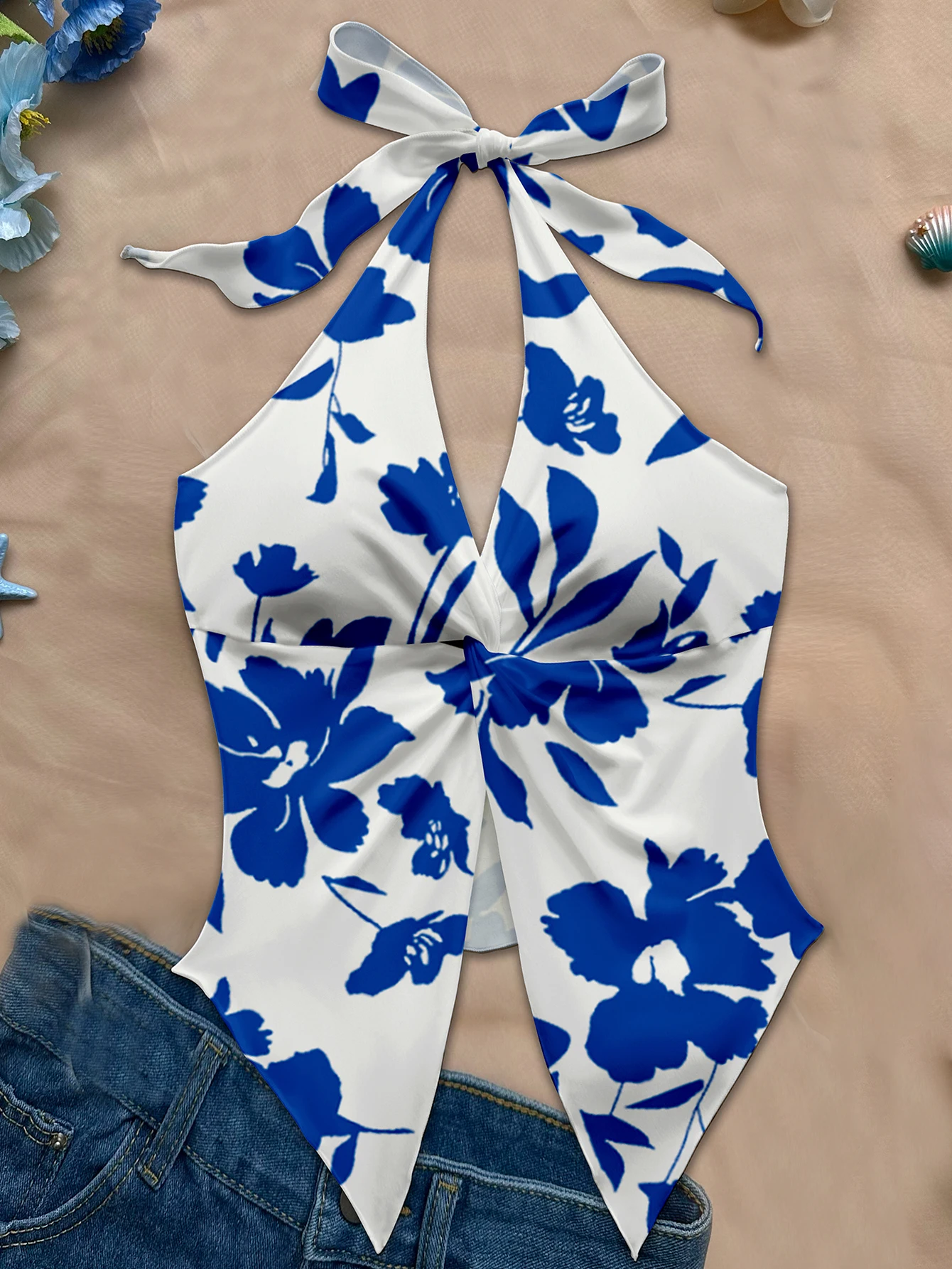 قميص قصير نسائي صيفي لقضاء العطلات على الشاطئ مطبوع عليه زهور زرقاء كلاسيكية من بوستير بقصة ضيقة، ملابس حفلات كلاسيكية Y2K