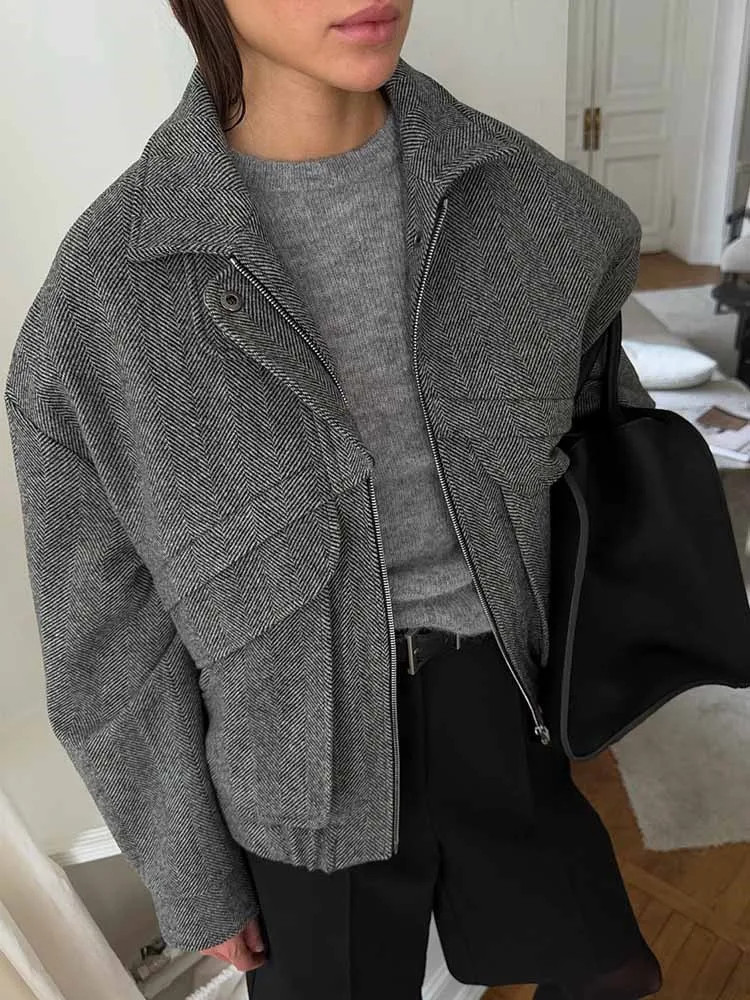 

Шикарные ретро куртки-бомберы женские свободные воротники-стойки с карманом на молнии толстое шерстяное пальто 2025 новая осенне-зимняя уличная верхняя одежда