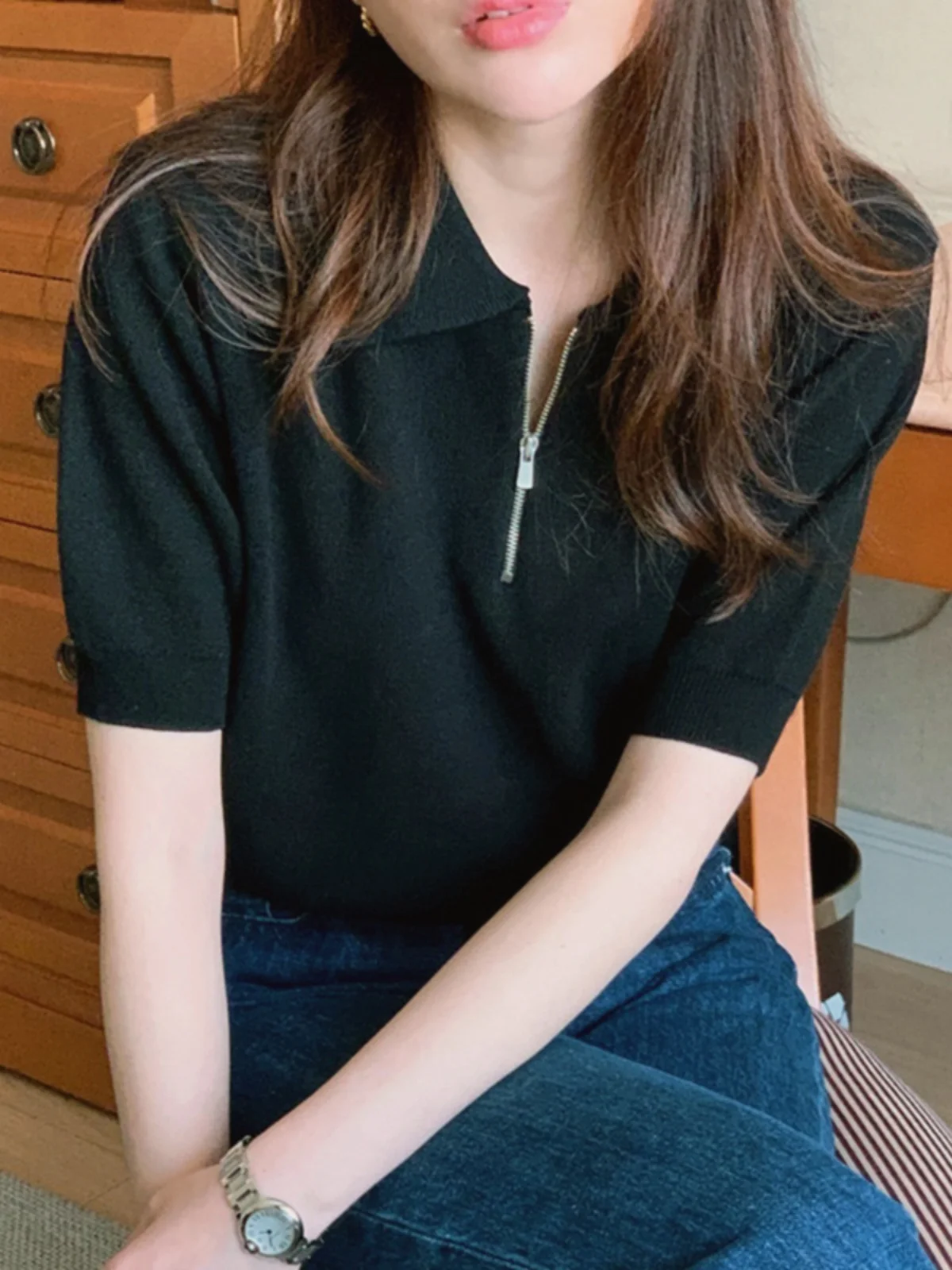 

Korean Design Sense f Zip ort Sve Knitwear Women Summer Ele Slimming Versatile ort Ne Trendy Top