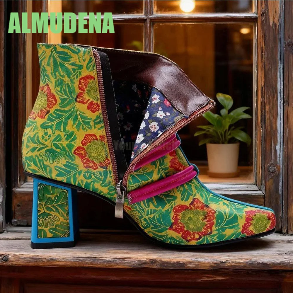 Green Patterned Short Boots Hand Polished Retro Print Contrasting Three-Dimensional Flowers Comfortable Thick Heeled Boots