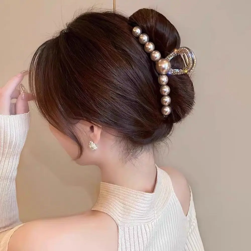Korean Elegant Flower Rhinestone Pearl Hair Claw Stable Shark Clip Large Size Styling Tool For Women Ponytail Hair Accessor
