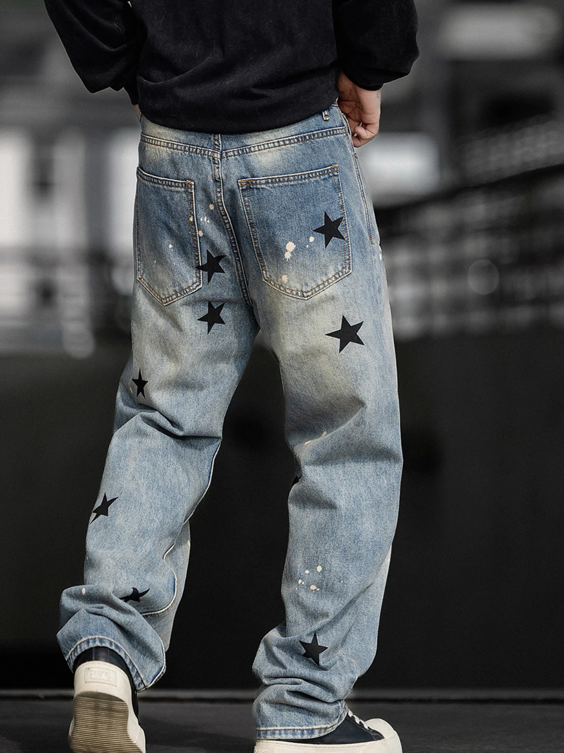 2025 الرجال الخريف جديد فضفاض الراحة شارع العليا ضوء الفاخرة شخصية مستقيم الدينيم السراويل طباعة نجمة خماسية شيك الجينز #4